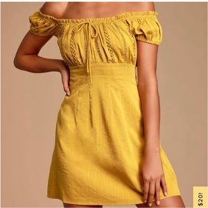 Lulus Mustard Yellow Embroidered Off-the-Shoulder Mini Dress